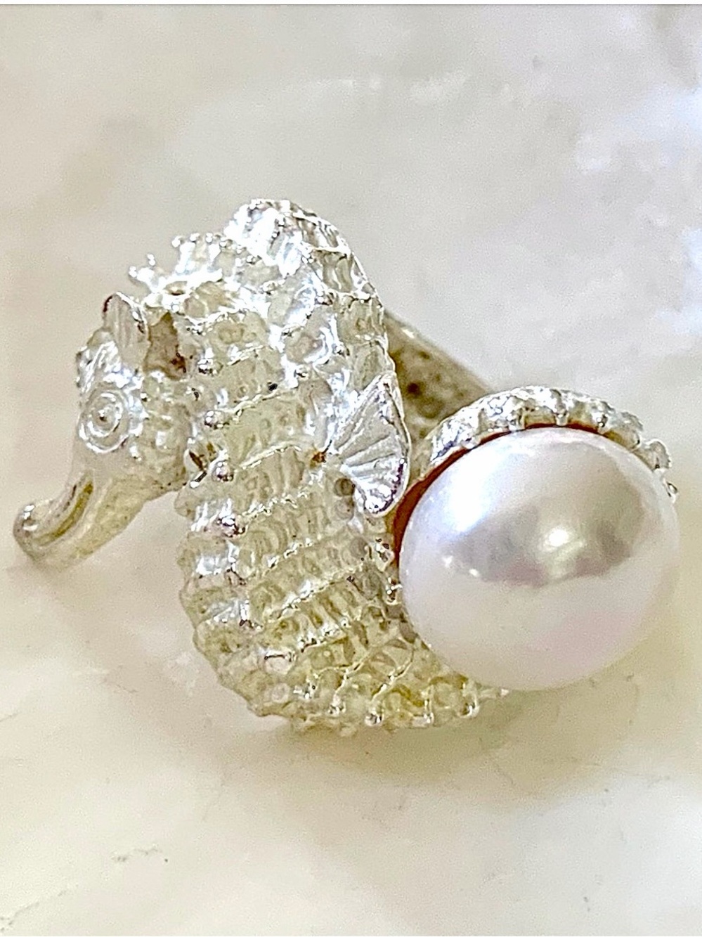 Pearl Seahorse Sterling Silver Ring
